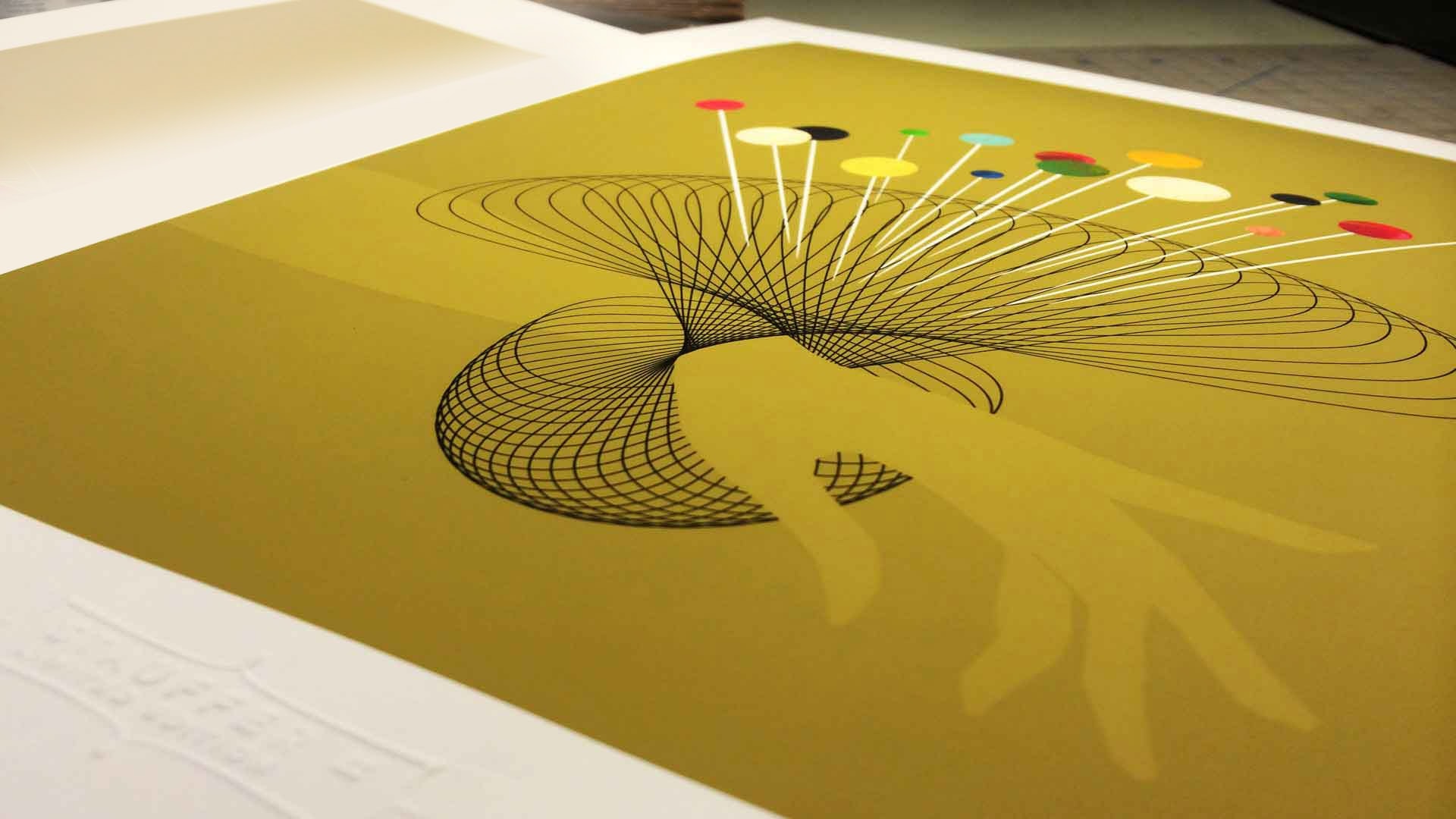 Abstract face with geometric hair and colorful circles