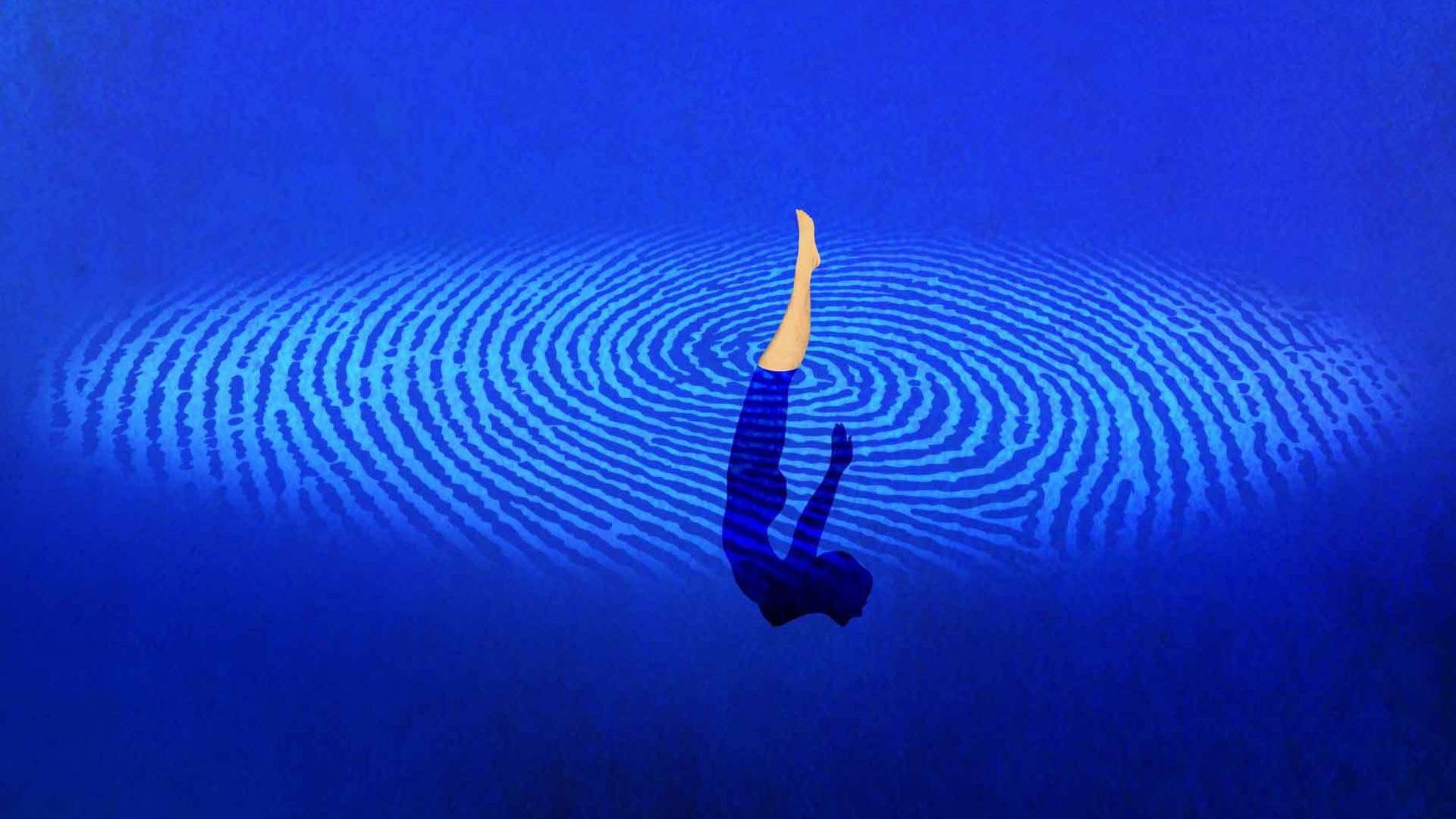 Surreal figure diving through blue concentric circles