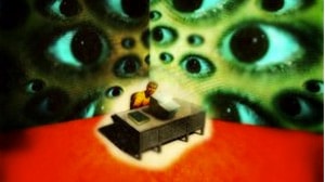 Surreal office with multiple eyes illustration